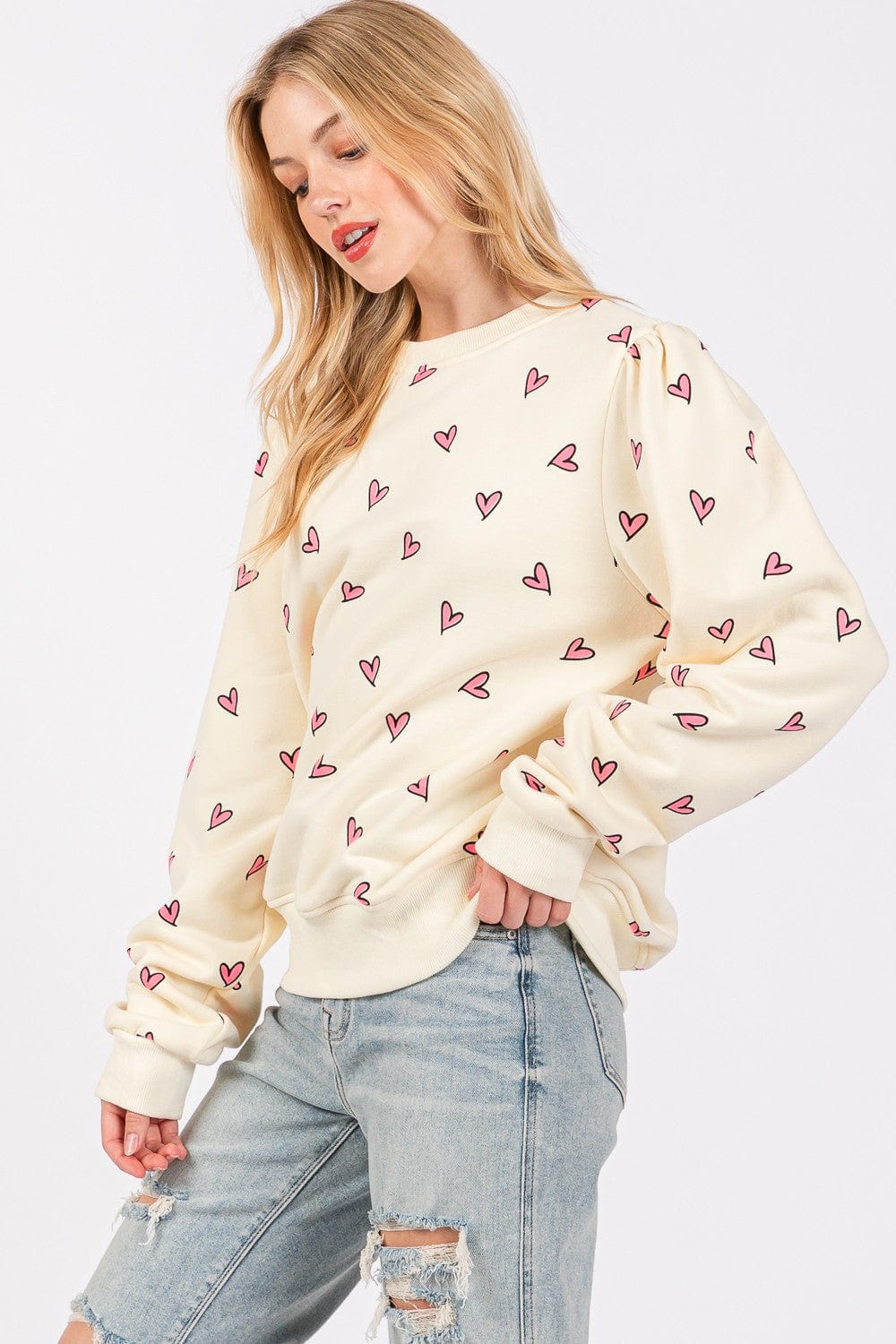 SAGE + FIG Heart Printed Contrast Long Sleeve Sweatshirt