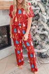 Red Christmas Tree Print V Neck Tee and Pants Loungewear Set