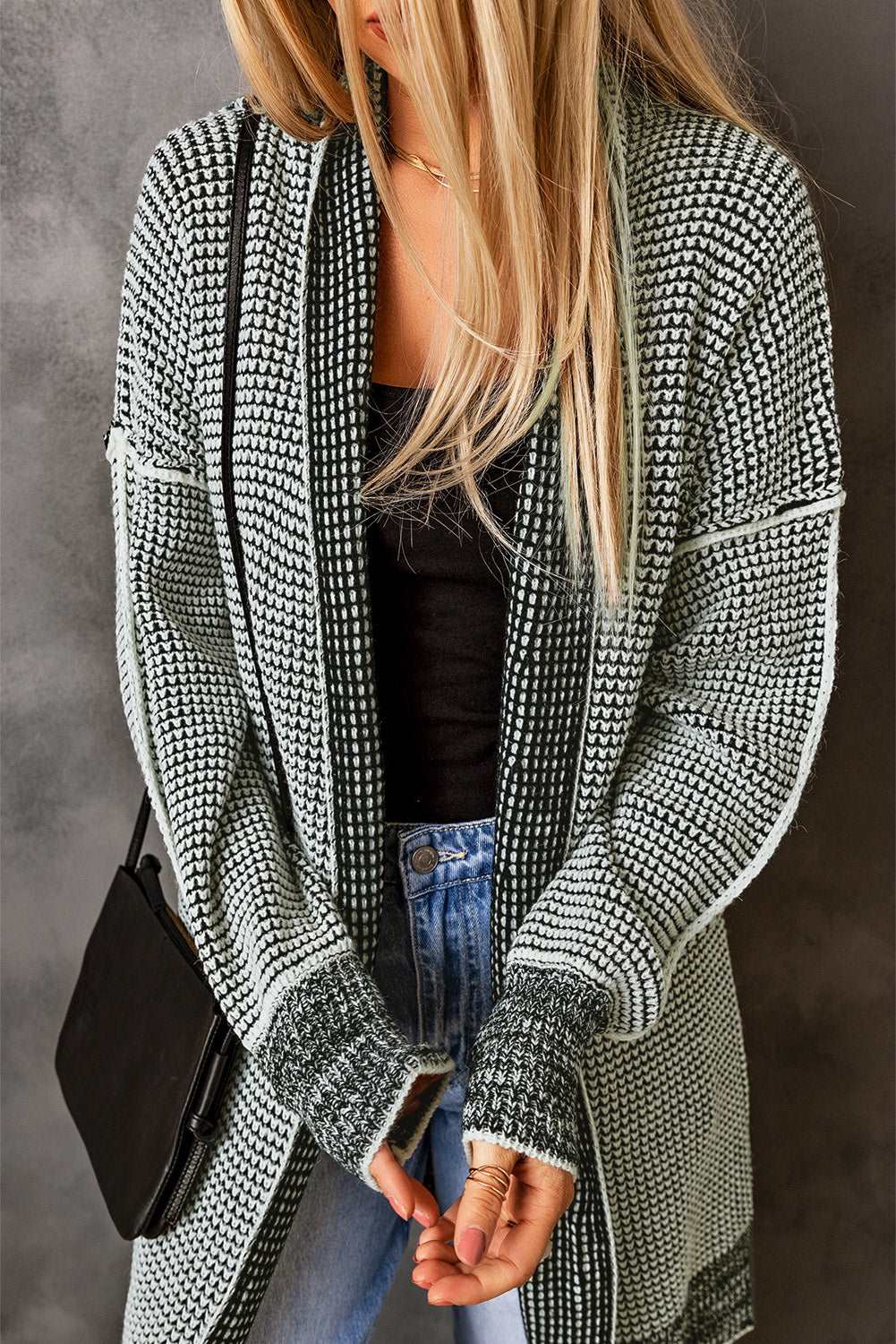 Apricot Plaid Casual Open Front Long Knit Cardigan