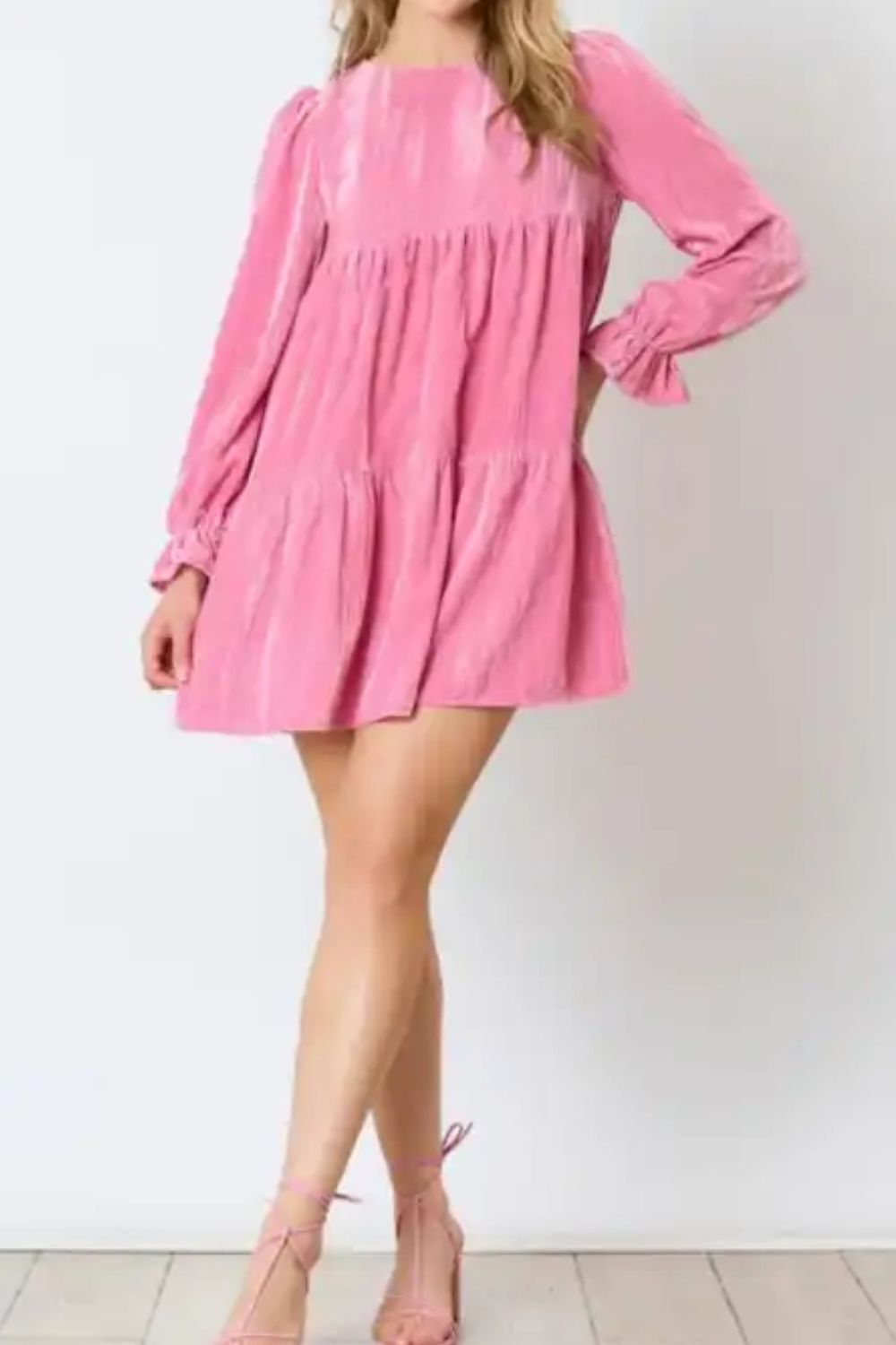 Tied Round Neck Flounce Sleeve Mini Dress