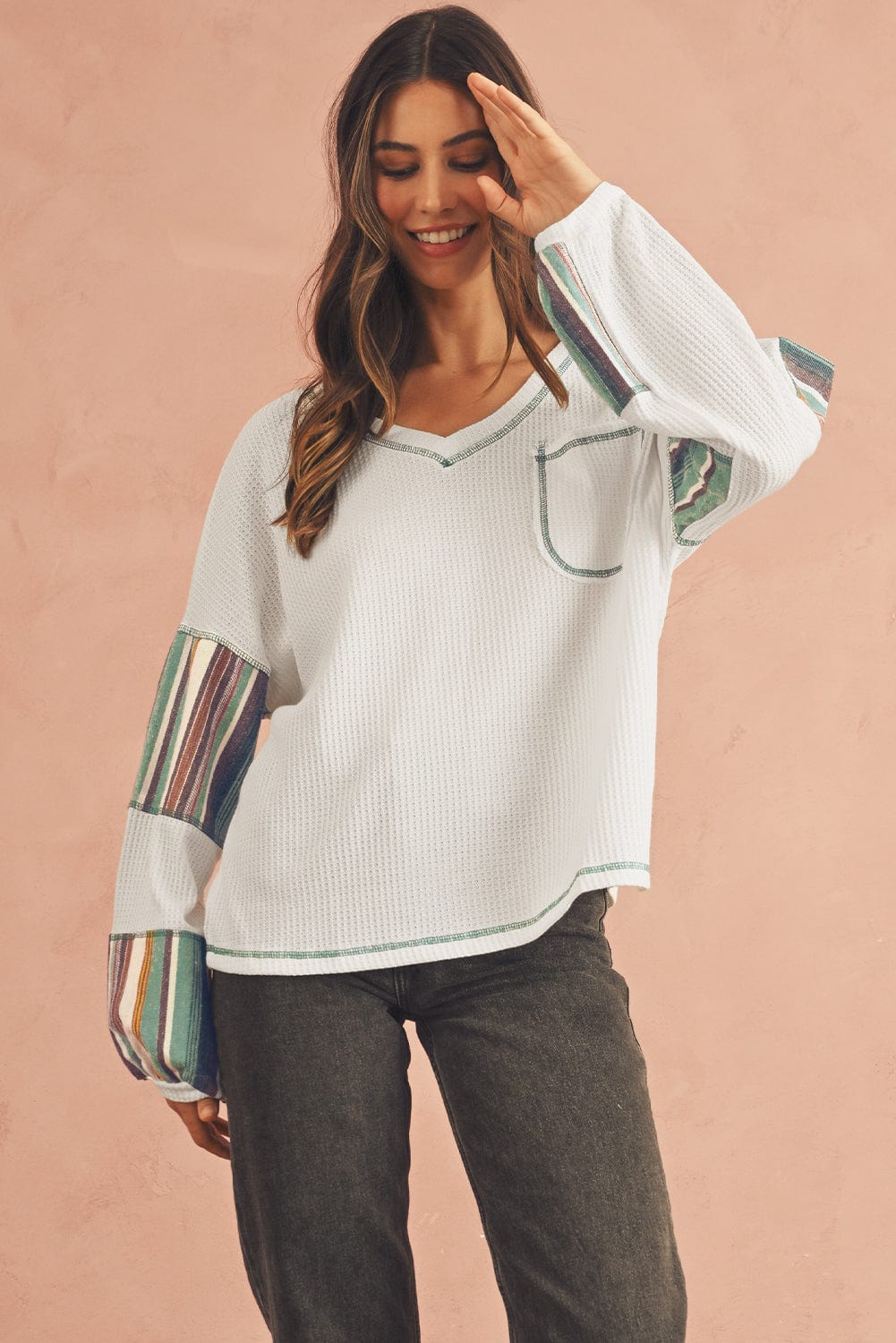 White Striped Patchwork Exposed Seam Waffle Knit Top