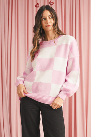 Pink Checked Bishop Sleeve Pullover Sweater