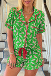 Green Christmas Candy Cane Print Ruffle Hem Pajama Set