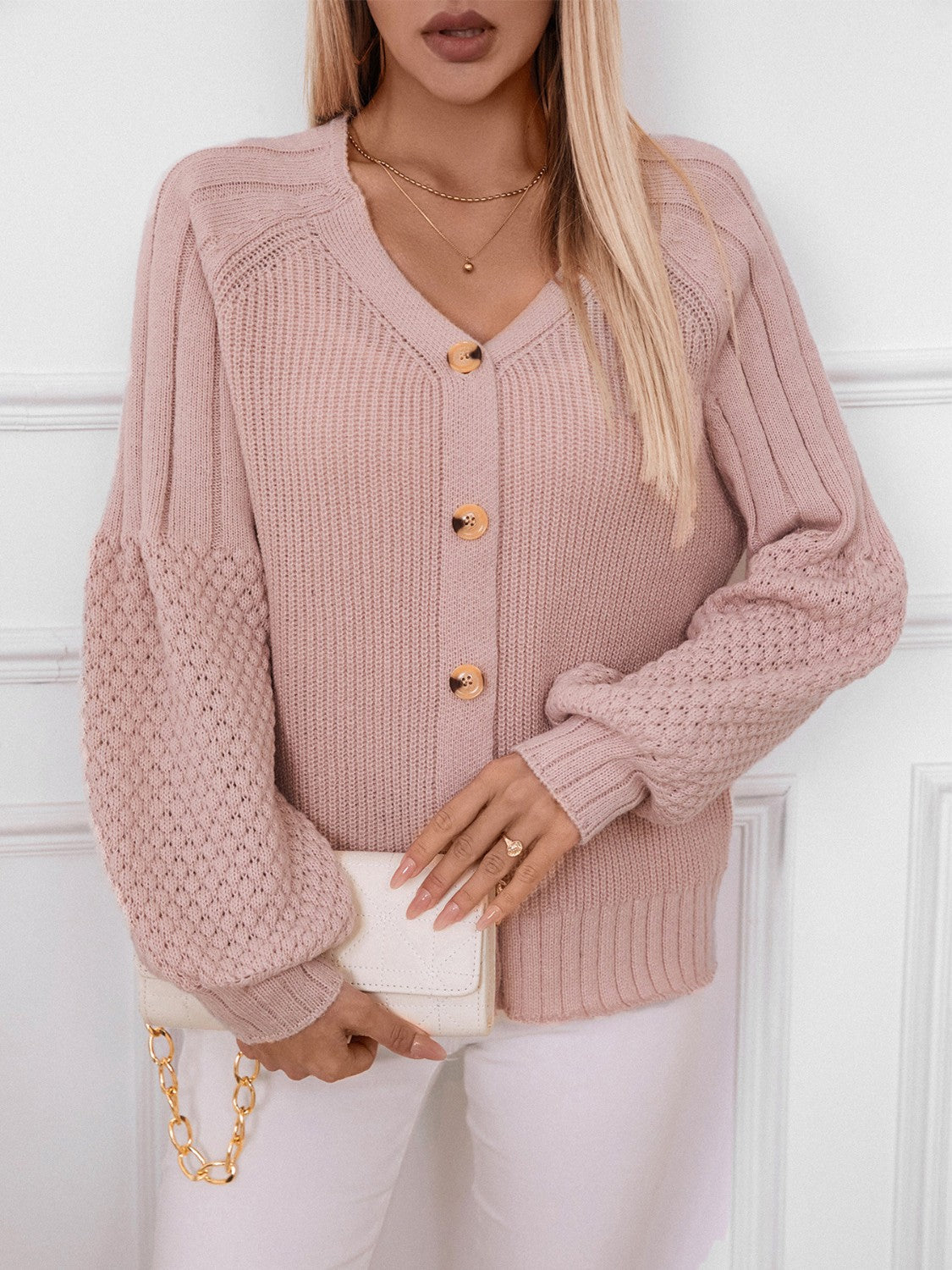 V-Neck Button Up Raglan Sleeve Cardigan