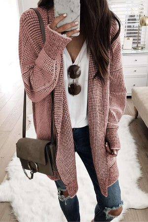 Apricot Plaid Casual Open Front Long Knit Cardigan