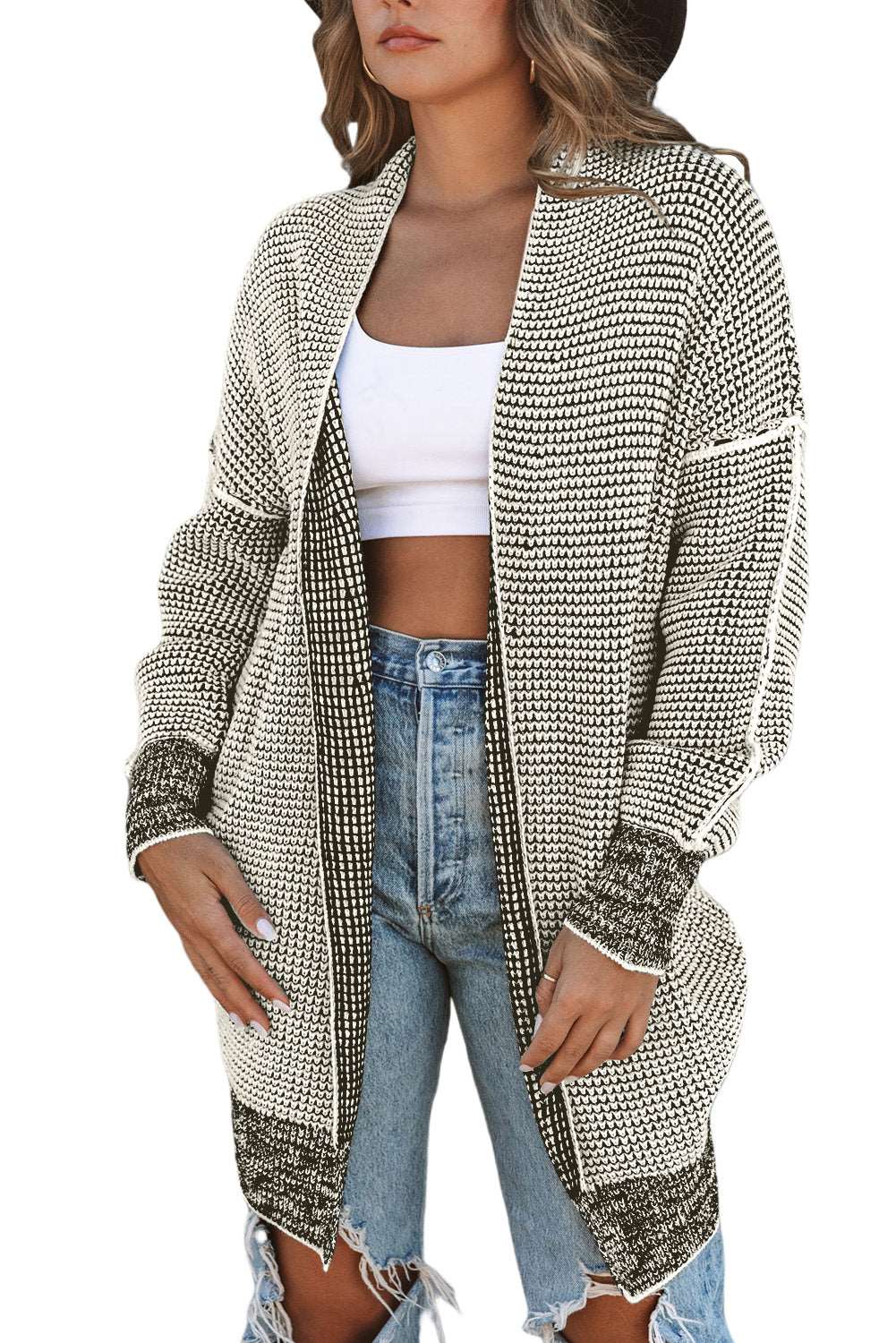 Apricot Plaid Casual Open Front Long Knit Cardigan