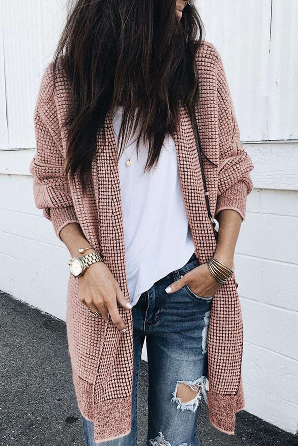 Apricot Plaid Casual Open Front Long Knit Cardigan