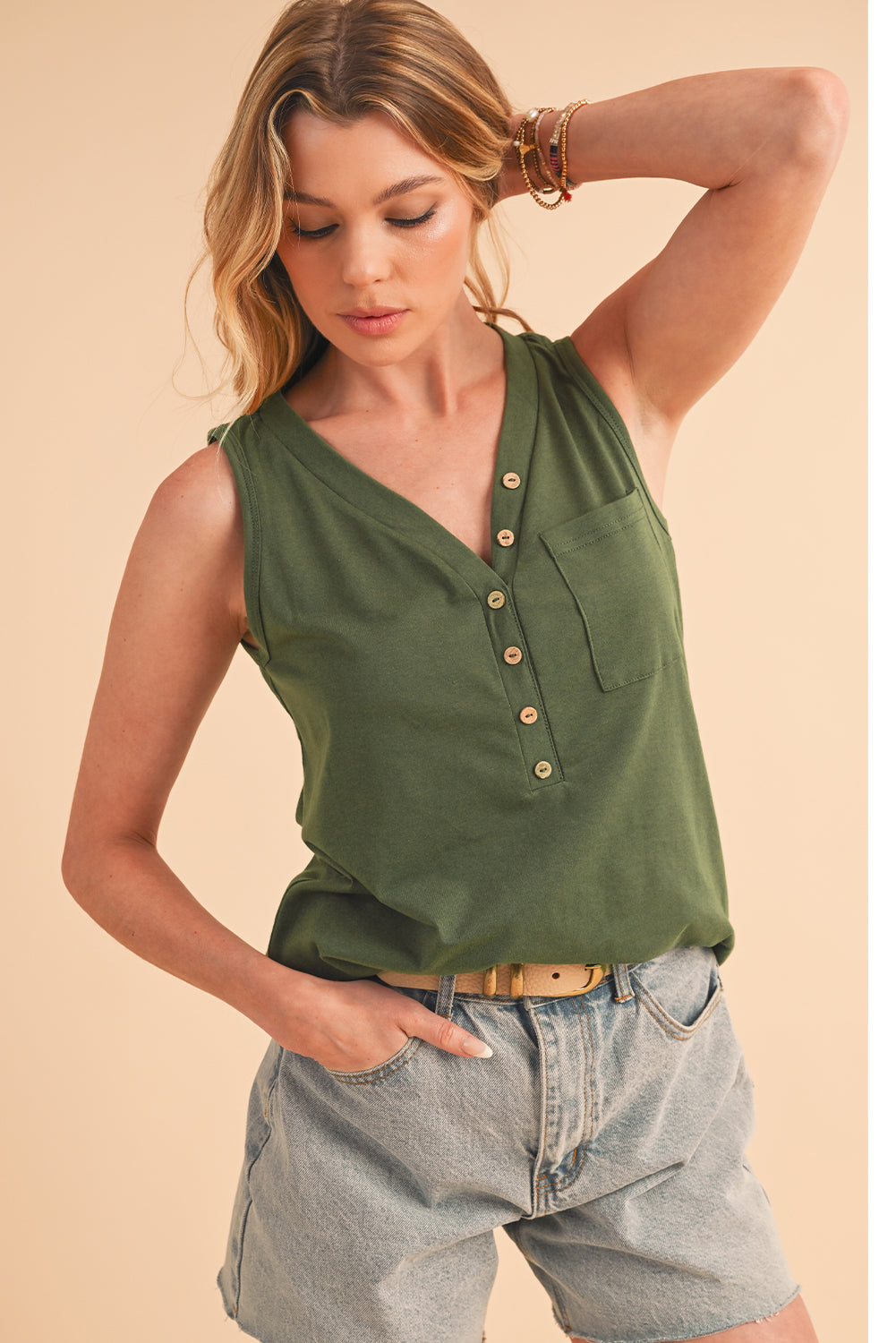 Jungle Green Half Button V Neck Patched Pocket Tank Top