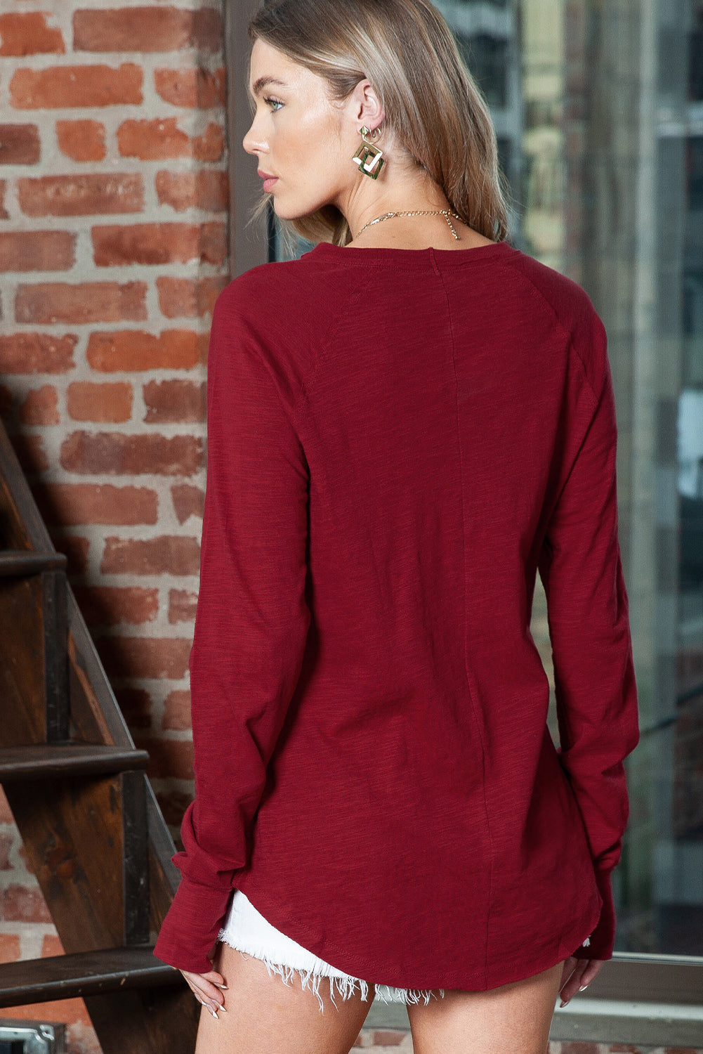 Dark Red Plain Thumbhole Long Sleeve Top