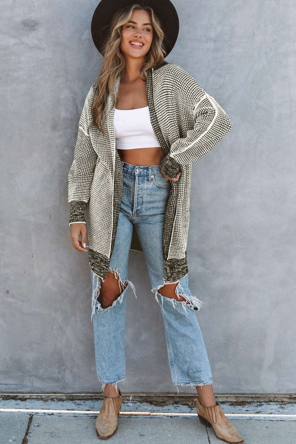 Apricot Plaid Casual Open Front Long Knit Cardigan