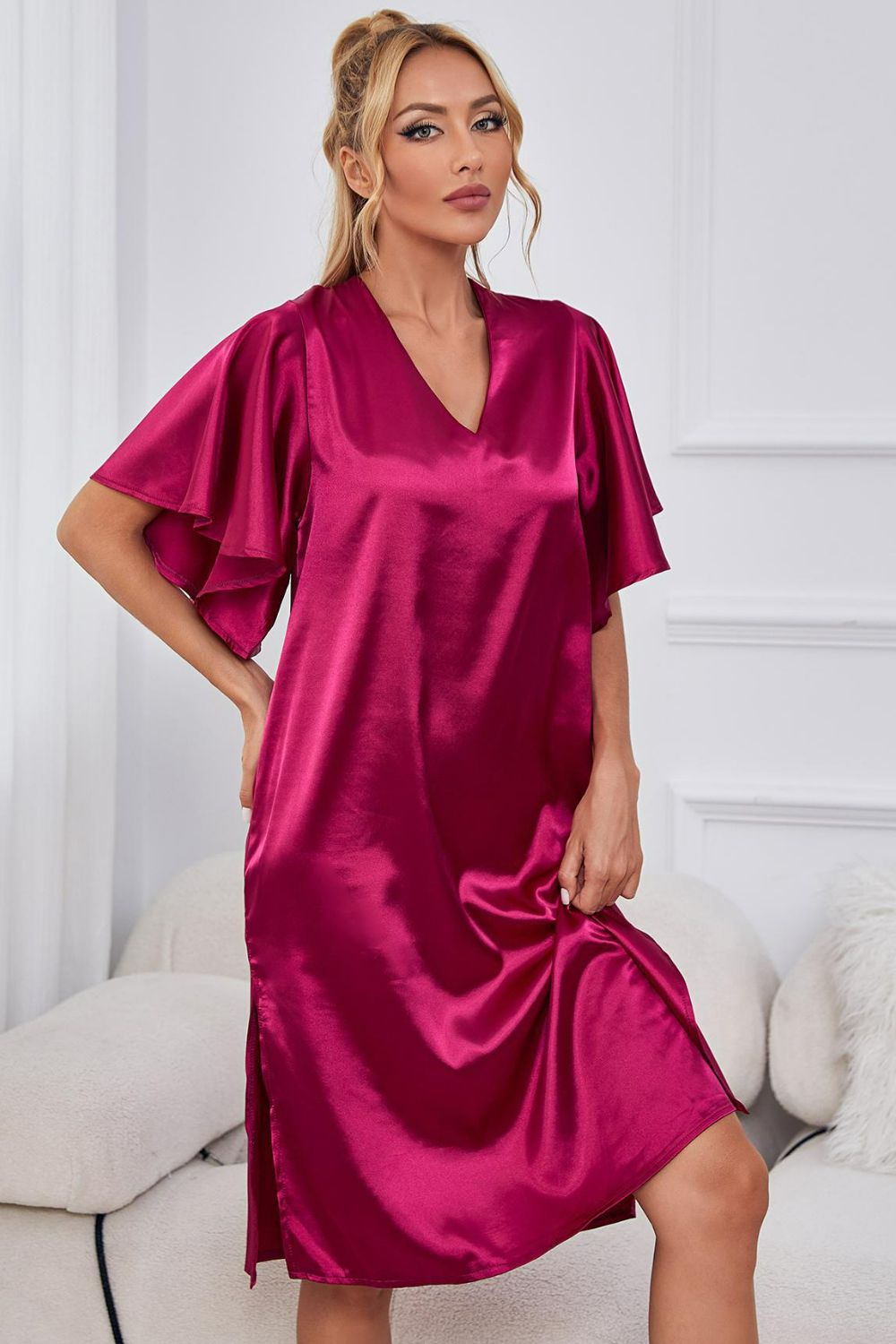 Satin Flutter Sleeve Side Slit V-Neck Night Dress