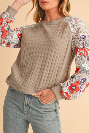 Laurel Green Floral Patchwork Raglan Sleeve Ribbed Blouse