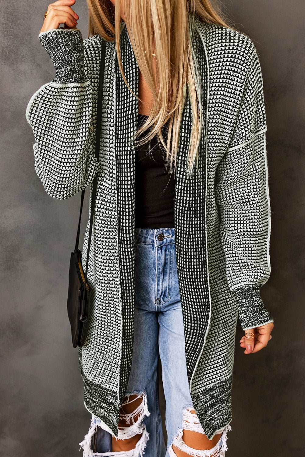 Apricot Plaid Casual Open Front Long Knit Cardigan