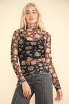 VERY J Floral Mock Neck Sheer Mesh Blouse