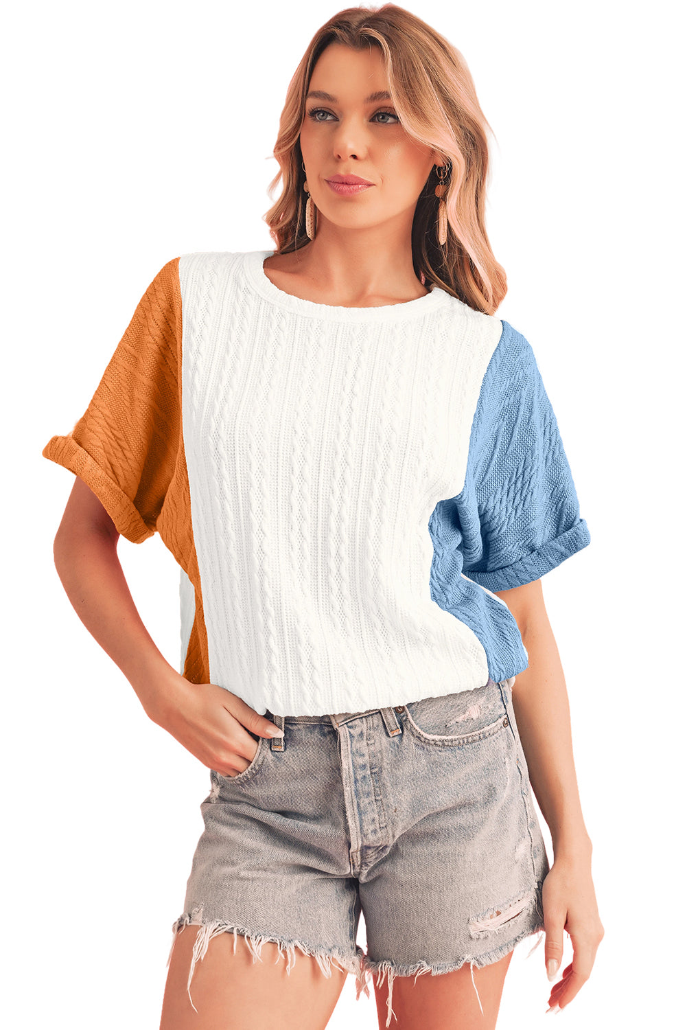 Light Blue Color Block Textured Loose Fit T Shirt