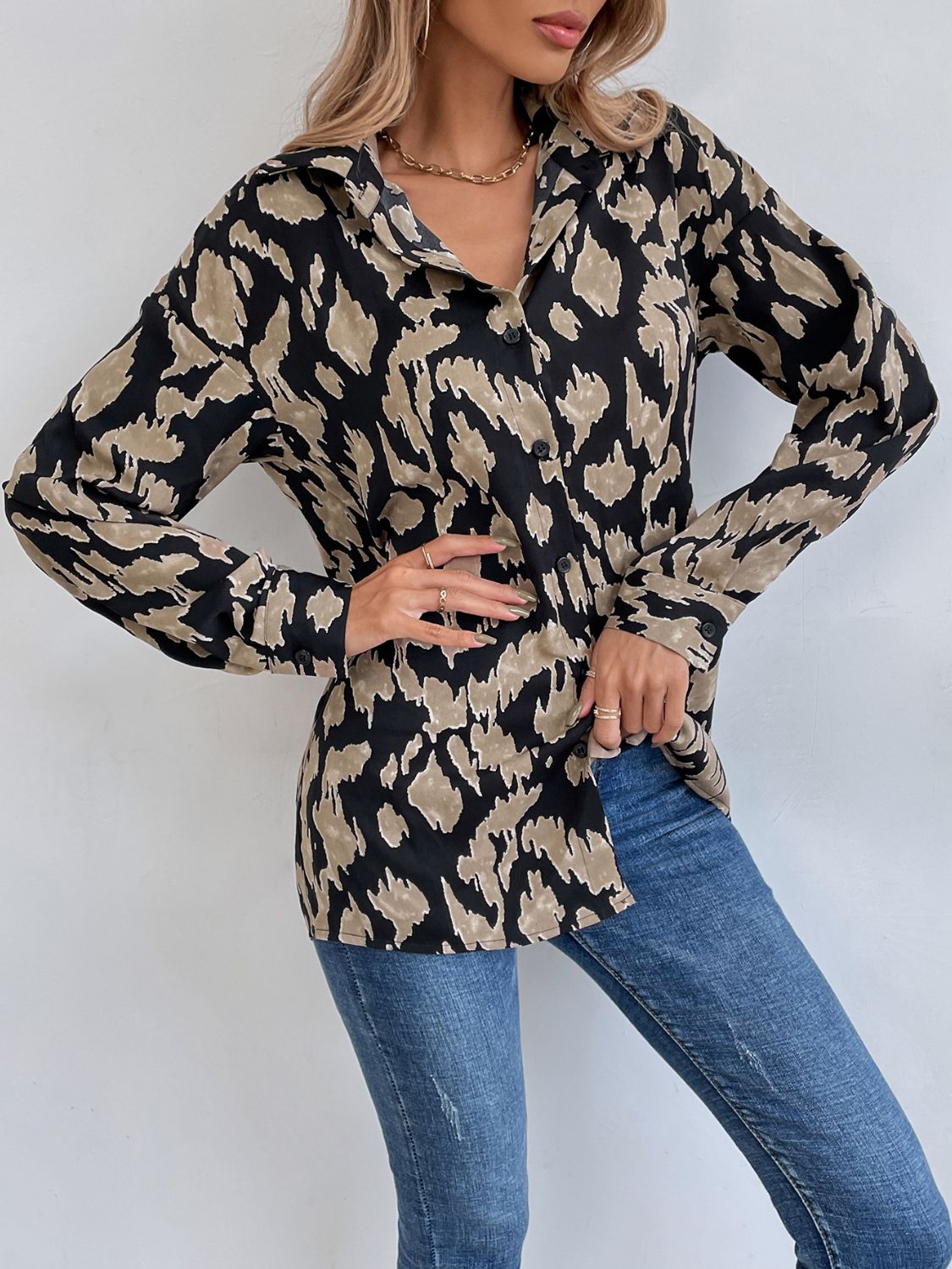 Printed Button Down Collared Neck Long Sleeve Shirt