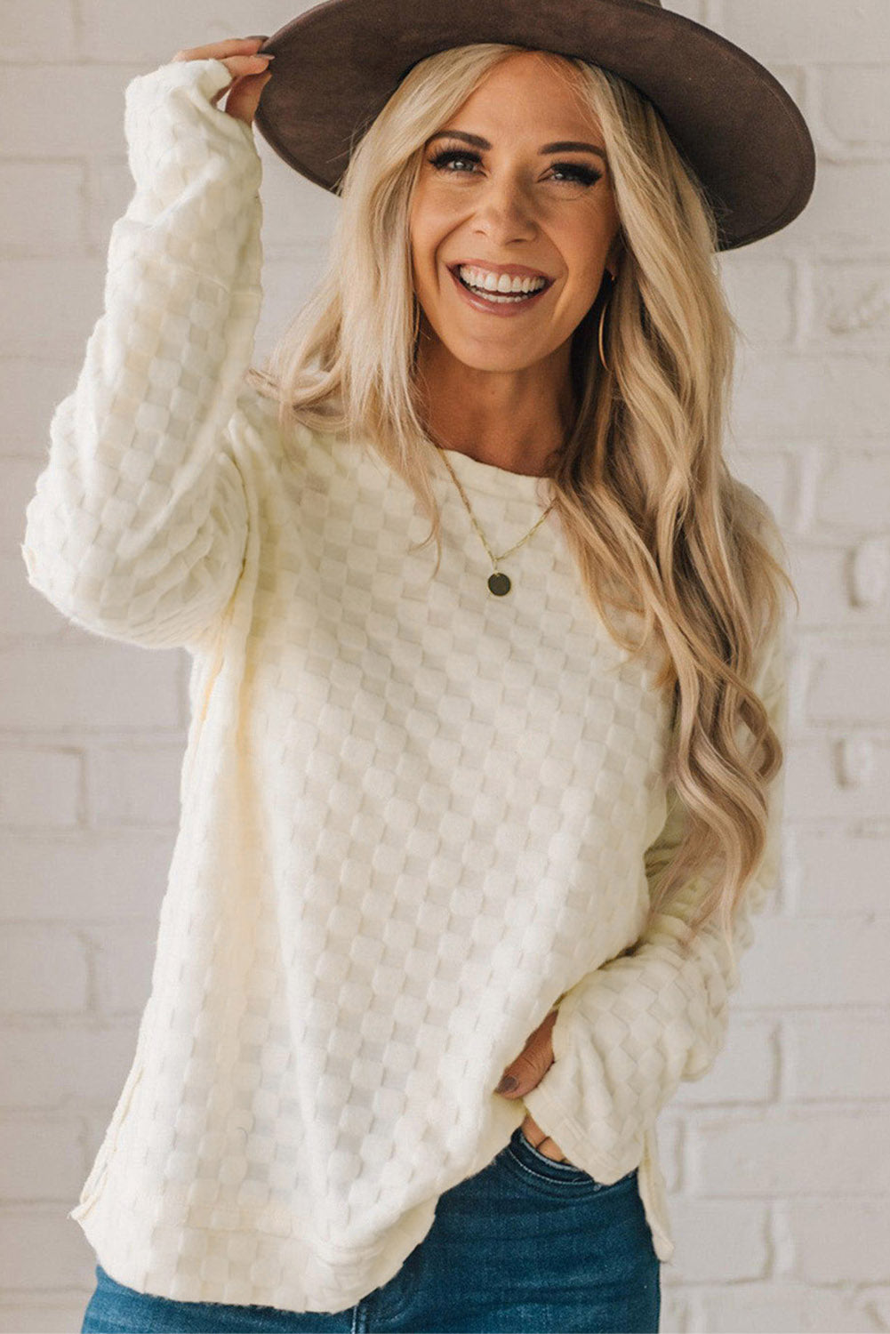 Beige Checkered Furry Thumbhole Long Sleeve Top