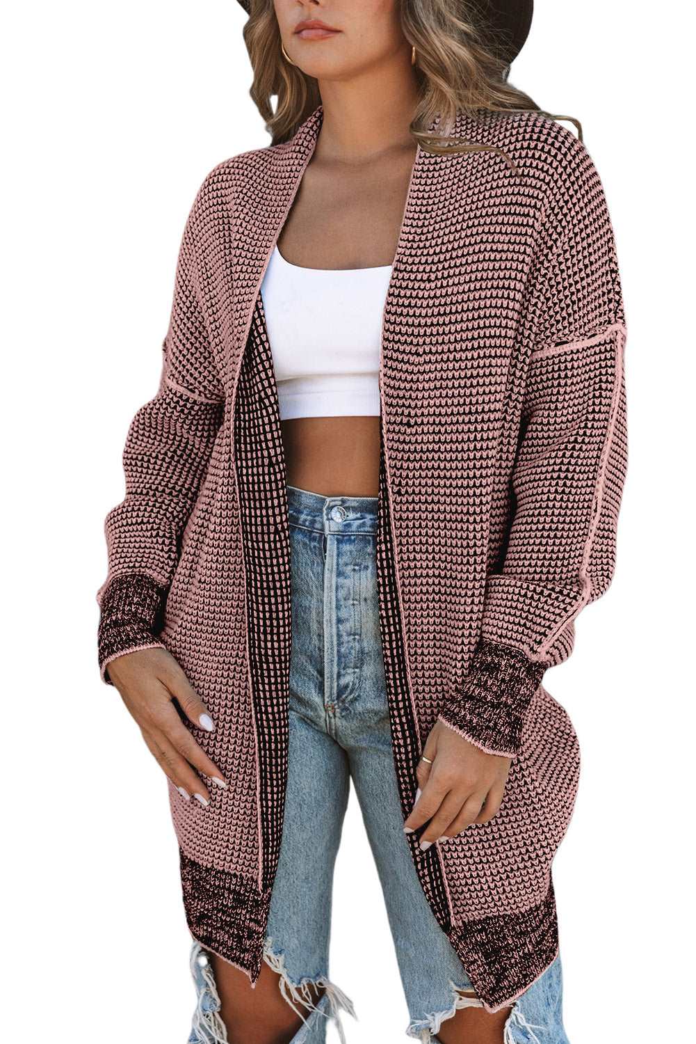 Apricot Plaid Casual Open Front Long Knit Cardigan