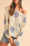 Beige Flower Print Drop Shoulder Hollow Knit Sweater