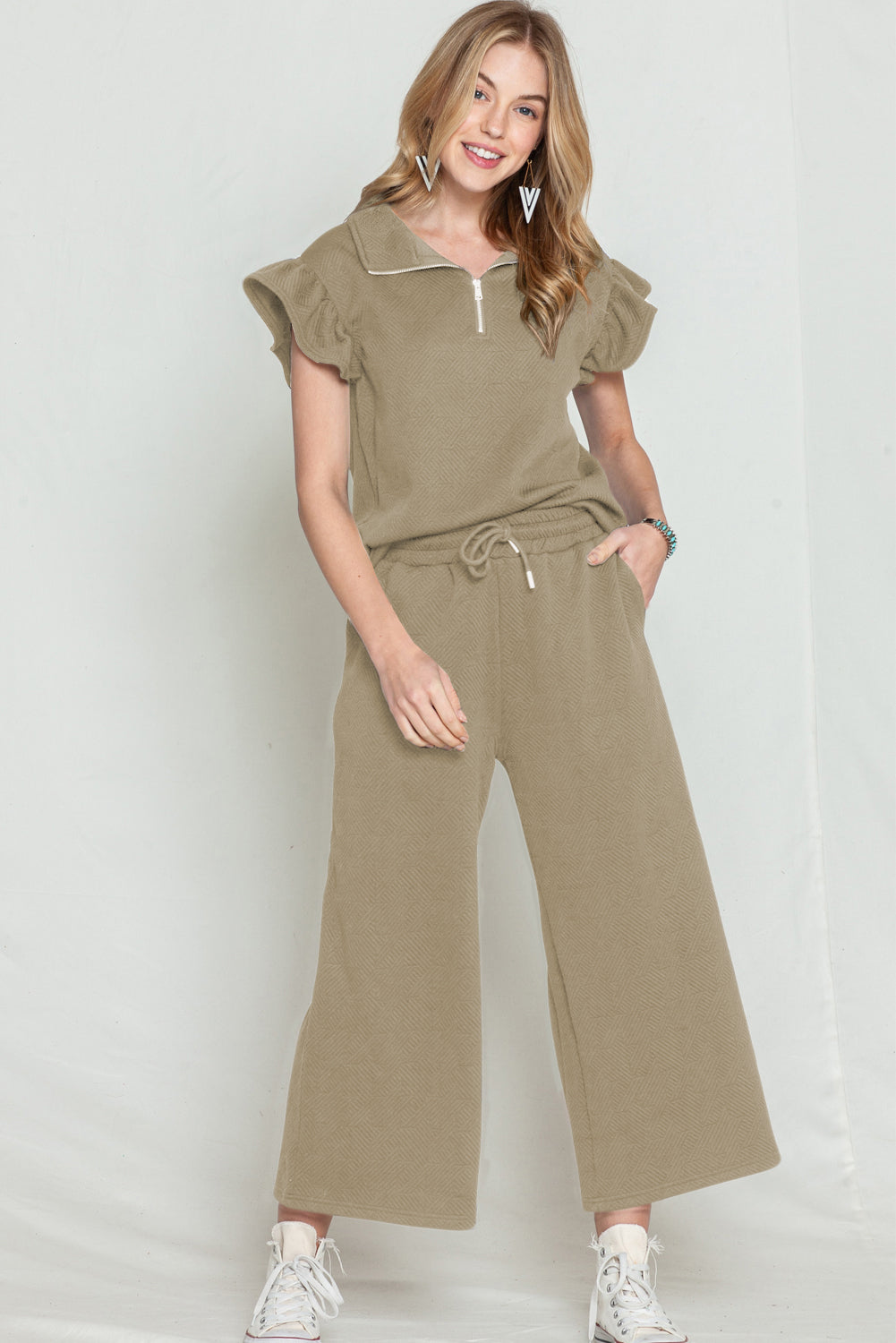 Khaki Textured Ruffle Cap Sleeve Top and Wide Leg Pants Set