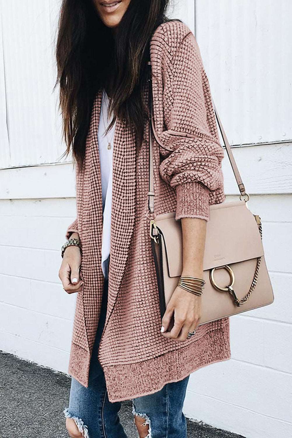 Apricot Plaid Casual Open Front Long Knit Cardigan