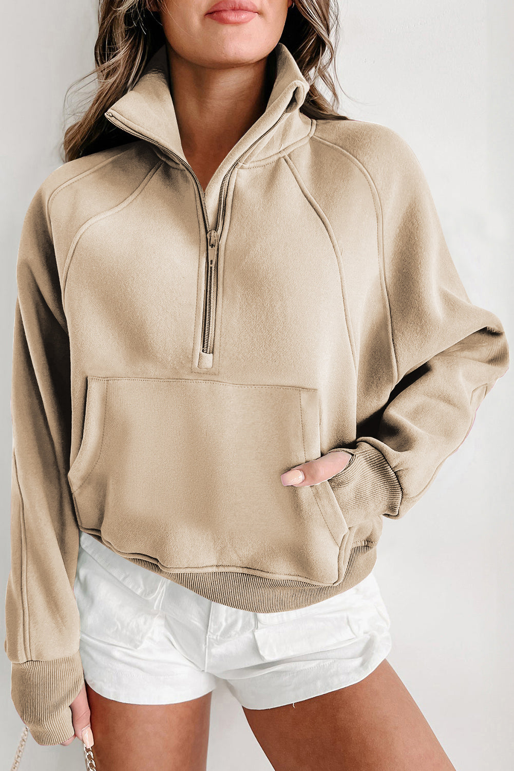 Black Zip Up Stand Collar Ribbed Thumbhole Sleeve Sweatshirt