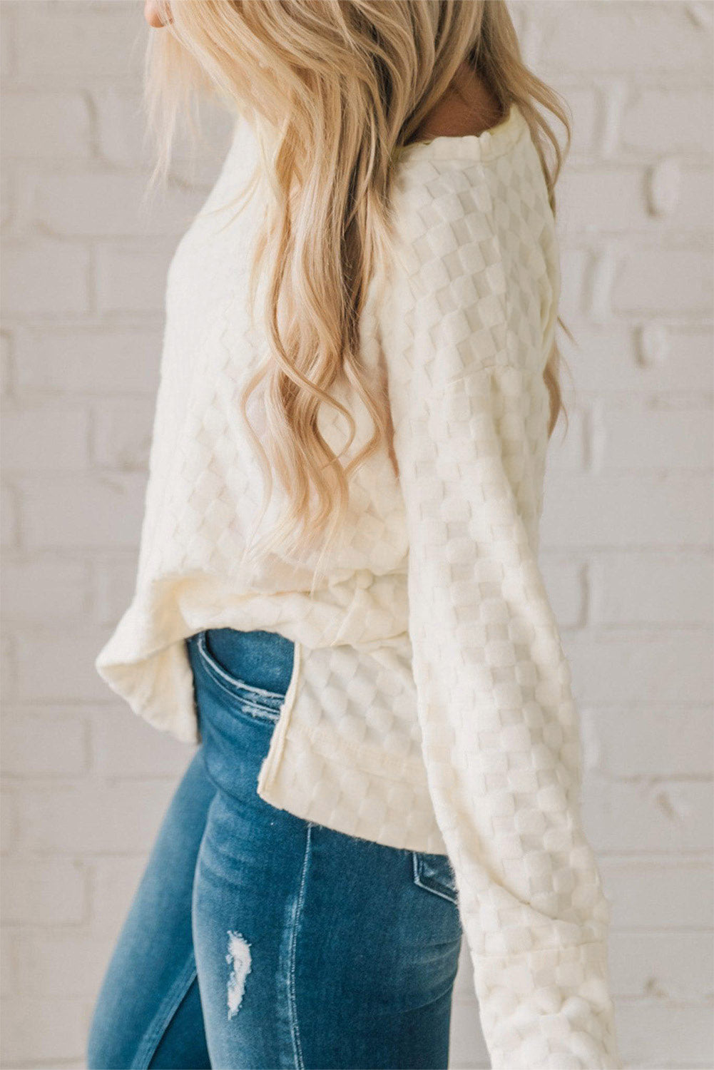 Beige Checkered Furry Thumbhole Long Sleeve Top