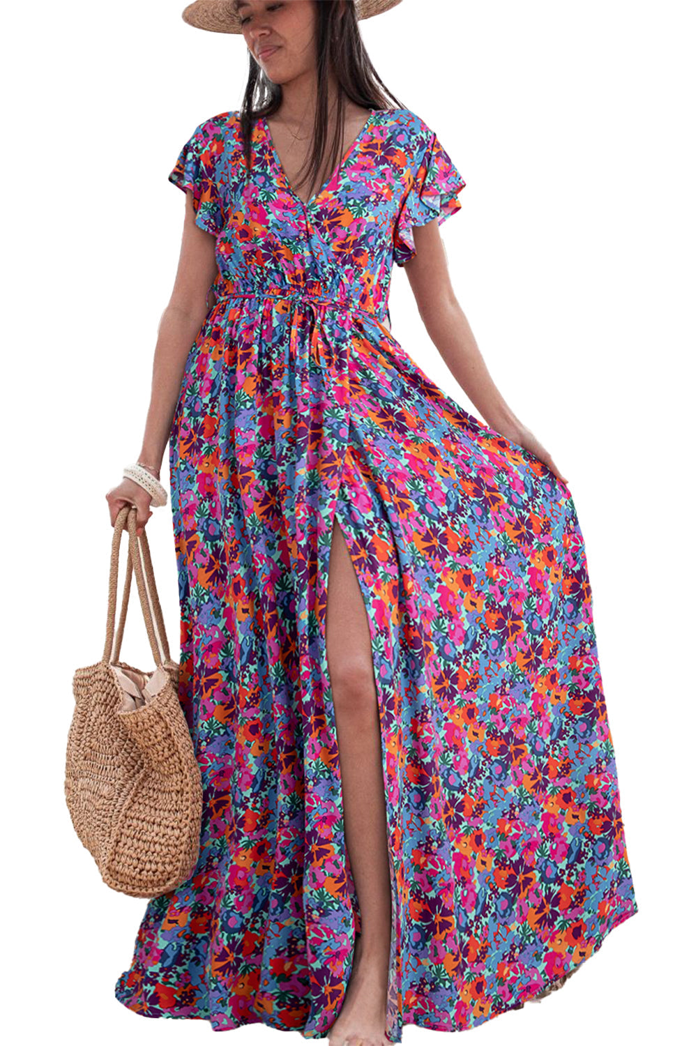 Blue Boho Floral Print V Neck Wrap Split Maxi Dress