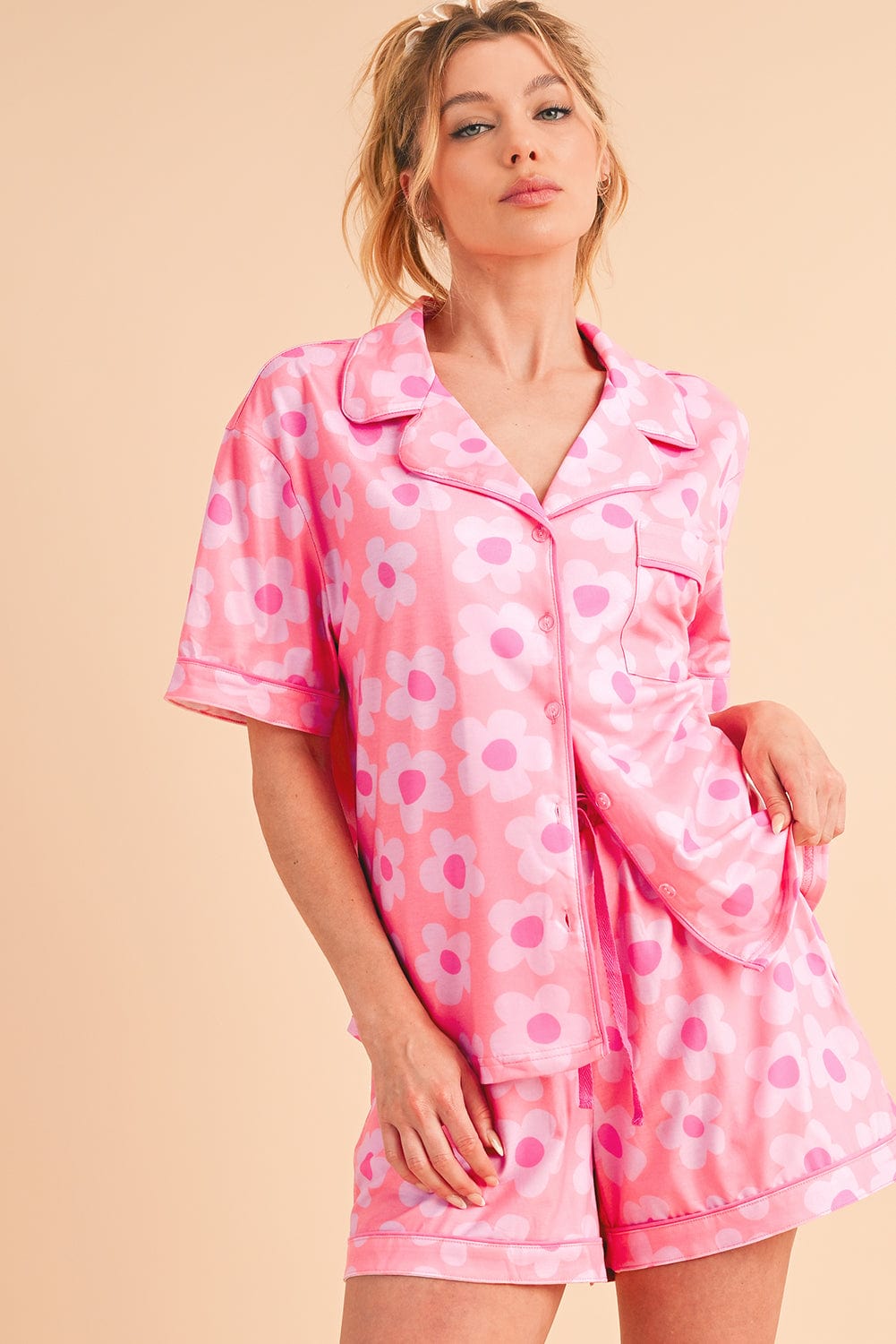 Pink 60s Flower Print Buttoned Shirt and Drawstring Waist Pajama Set