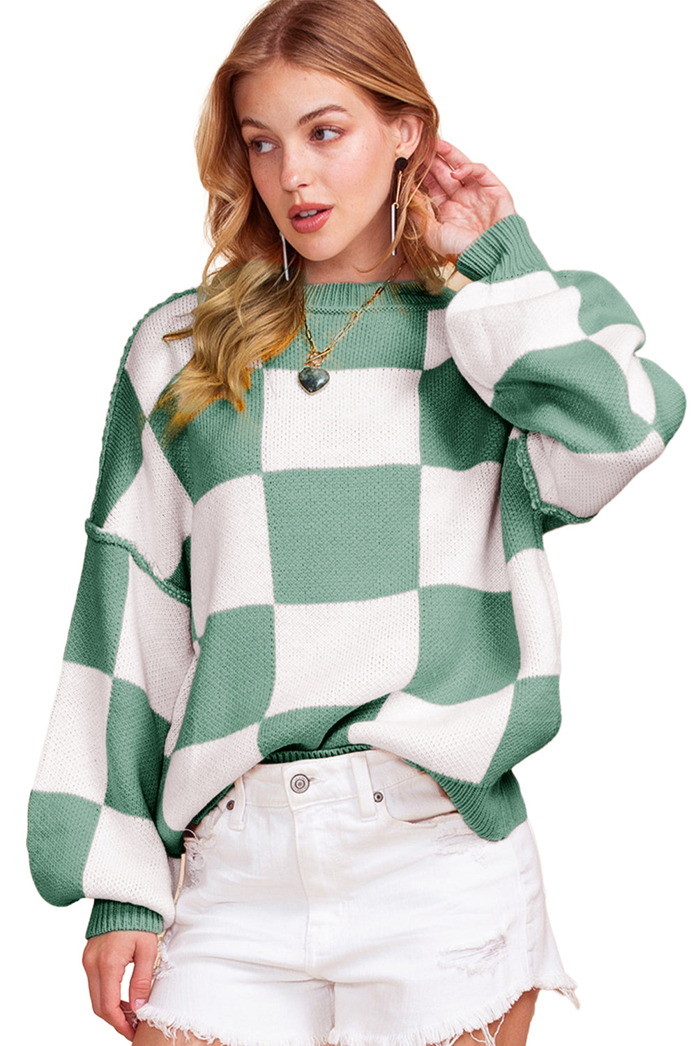 Pink Checked Bishop Sleeve Pullover Sweater