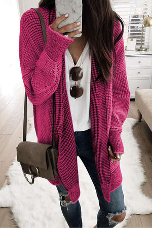 Apricot Plaid Casual Open Front Long Knit Cardigan