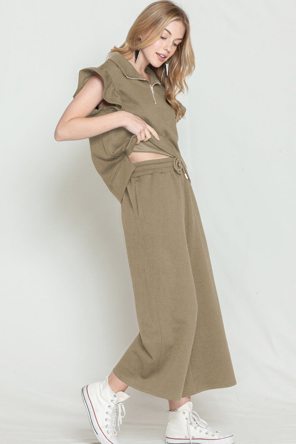 Khaki Textured Ruffle Cap Sleeve Top and Wide Leg Pants Set