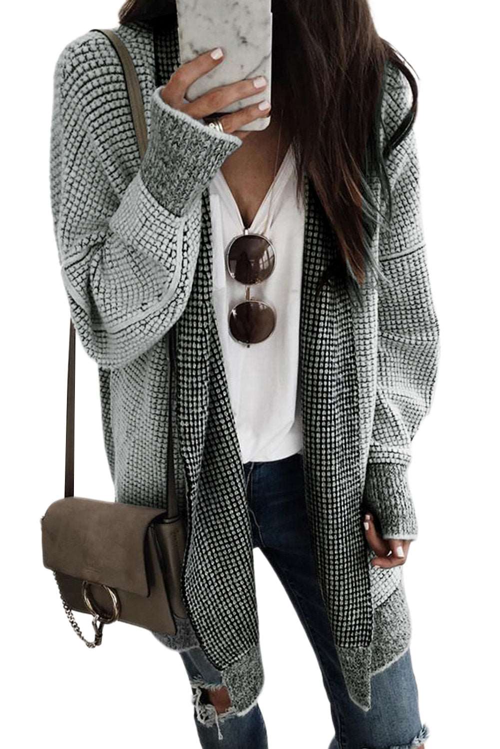 Apricot Plaid Casual Open Front Long Knit Cardigan