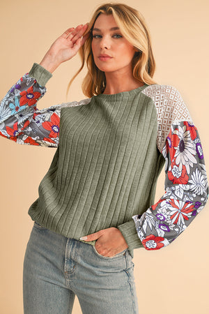 Laurel Green Floral Patchwork Raglan Sleeve Ribbed Blouse