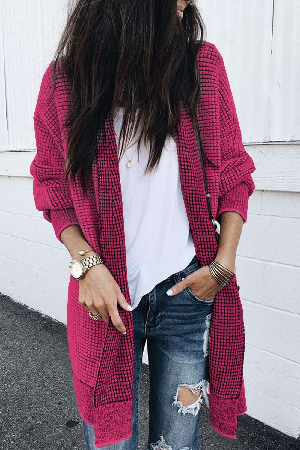 Apricot Plaid Casual Open Front Long Knit Cardigan