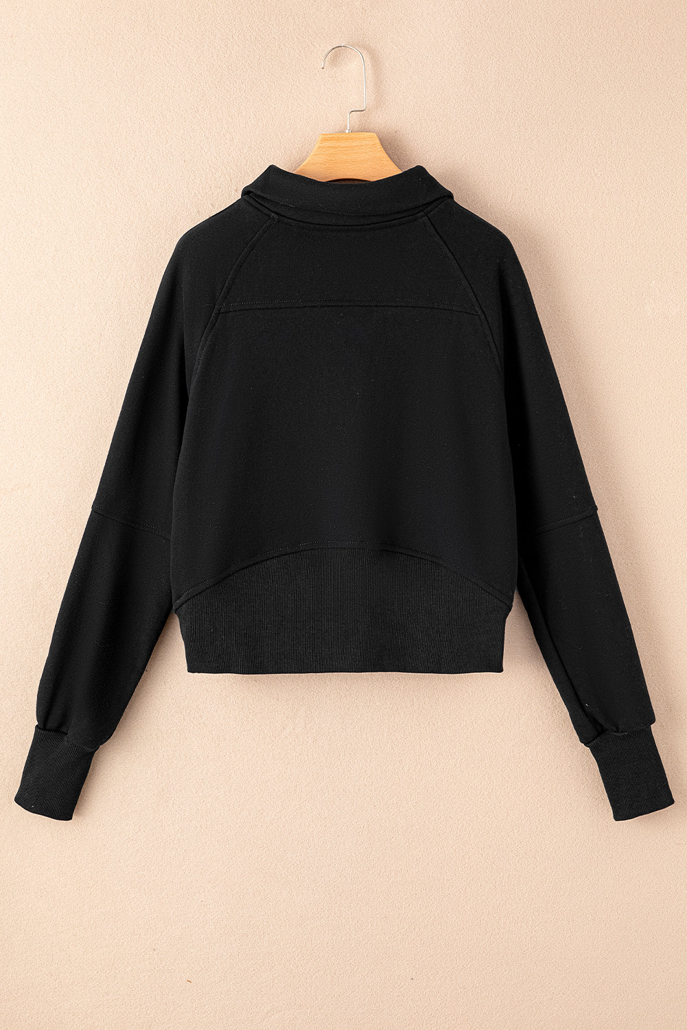 Black Zip Up Stand Collar Ribbed Thumbhole Sleeve Sweatshirt