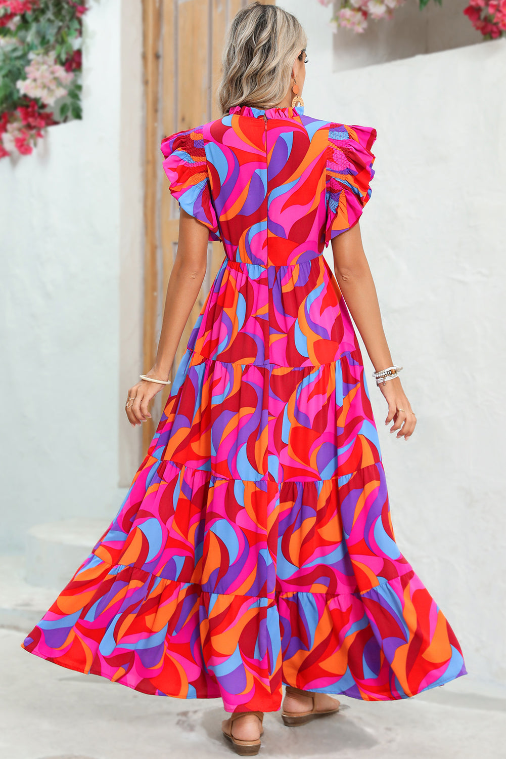 Orange Abstract Print High Waist Ruffle Tiered Maxi Dress