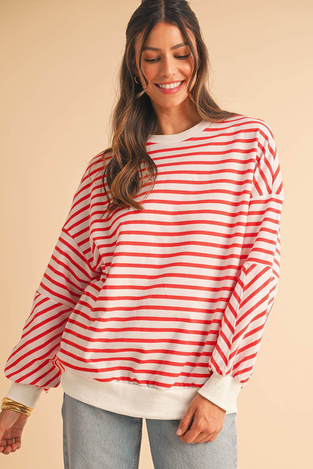 Orange Stripe Drop Shoulder Crew Neck Loose Sweatshirt