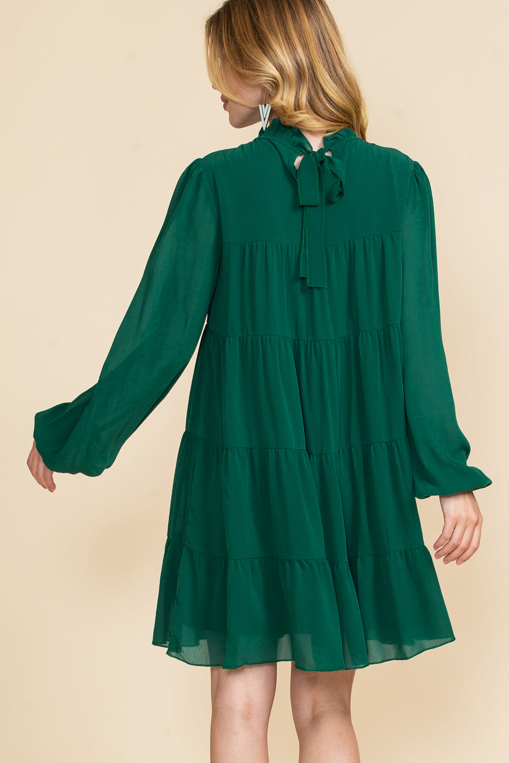 Green Mock Neck Solid Color Pleated Mini Dress