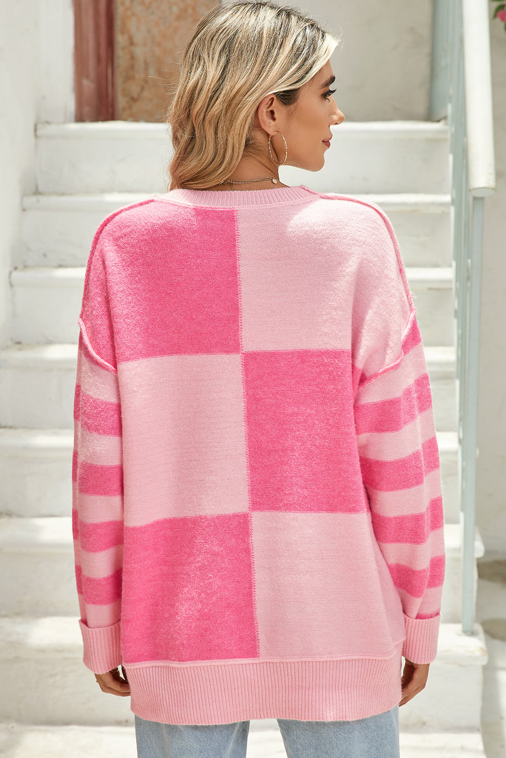 Pink Checkered Color Block Striped High Low Sweater