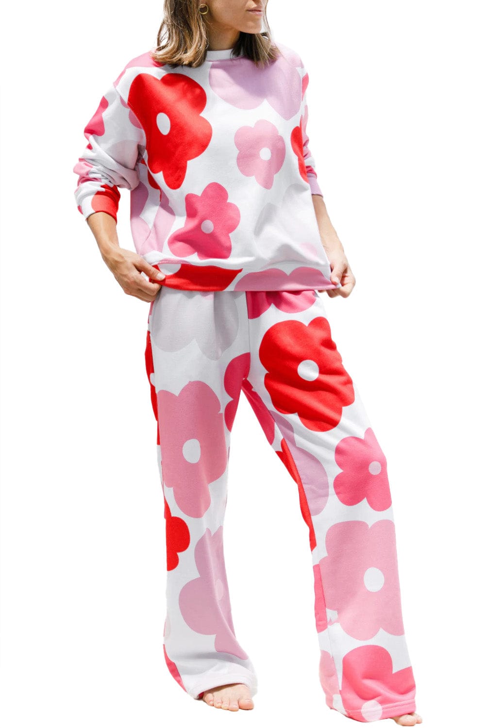 White Vibrant Floral Print Pullover and Sweatpants Loungewear Set