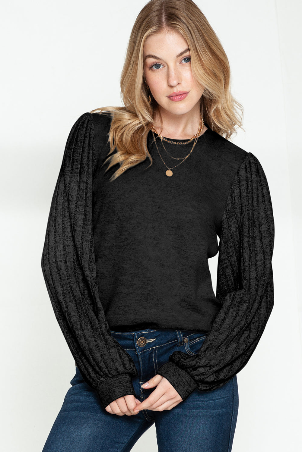 Black Solid Color Contrast Ribbed Bishop Sleeve Top