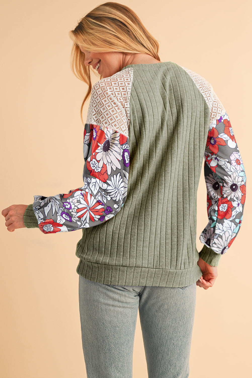 Laurel Green Floral Patchwork Raglan Sleeve Ribbed Blouse