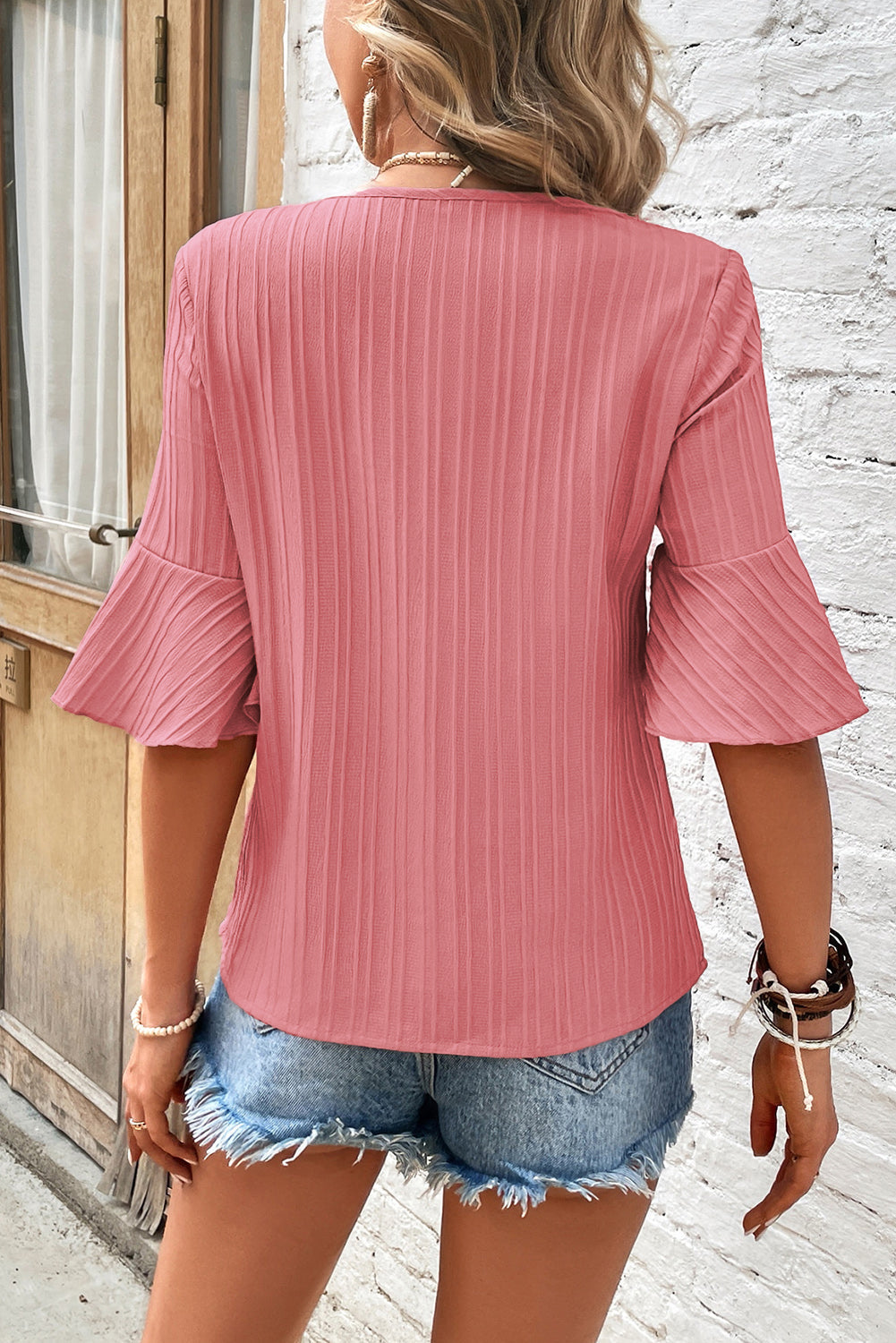 Peach Blossom Ruffled Short Sleeve V Neck Textured Blouse