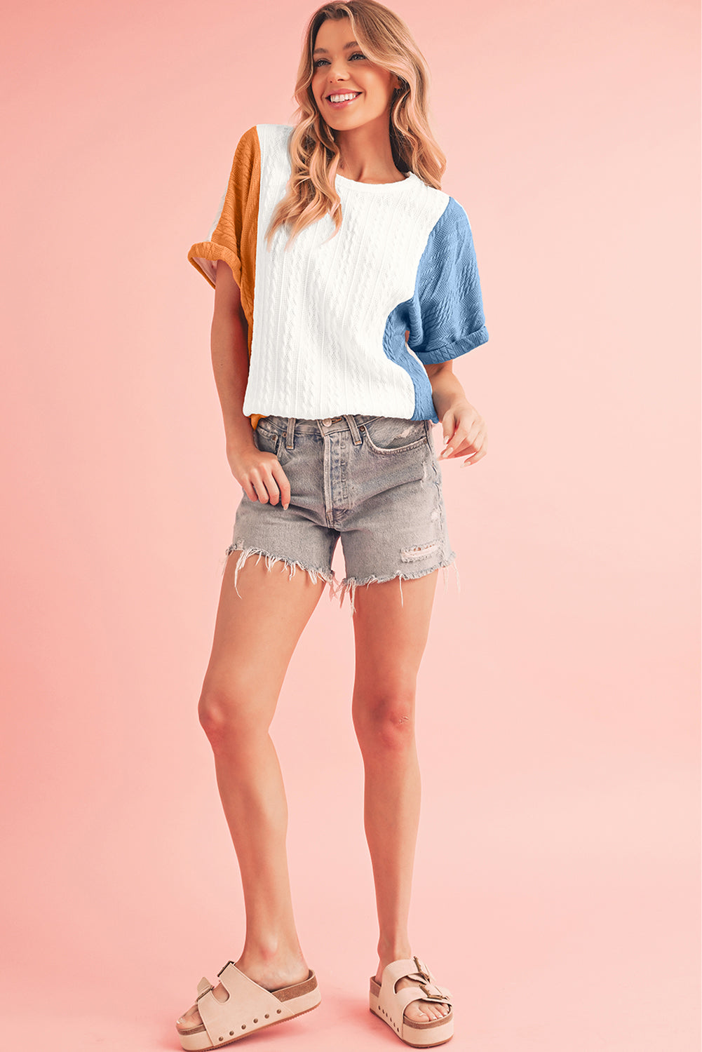 Light Blue Color Block Textured Loose Fit T Shirt