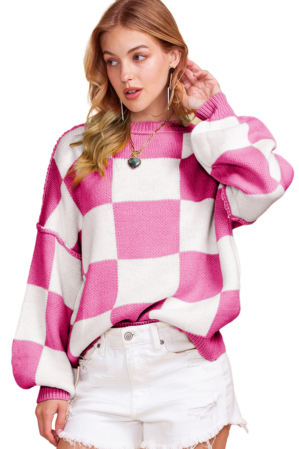 Pink Checked Bishop Sleeve Pullover Sweater