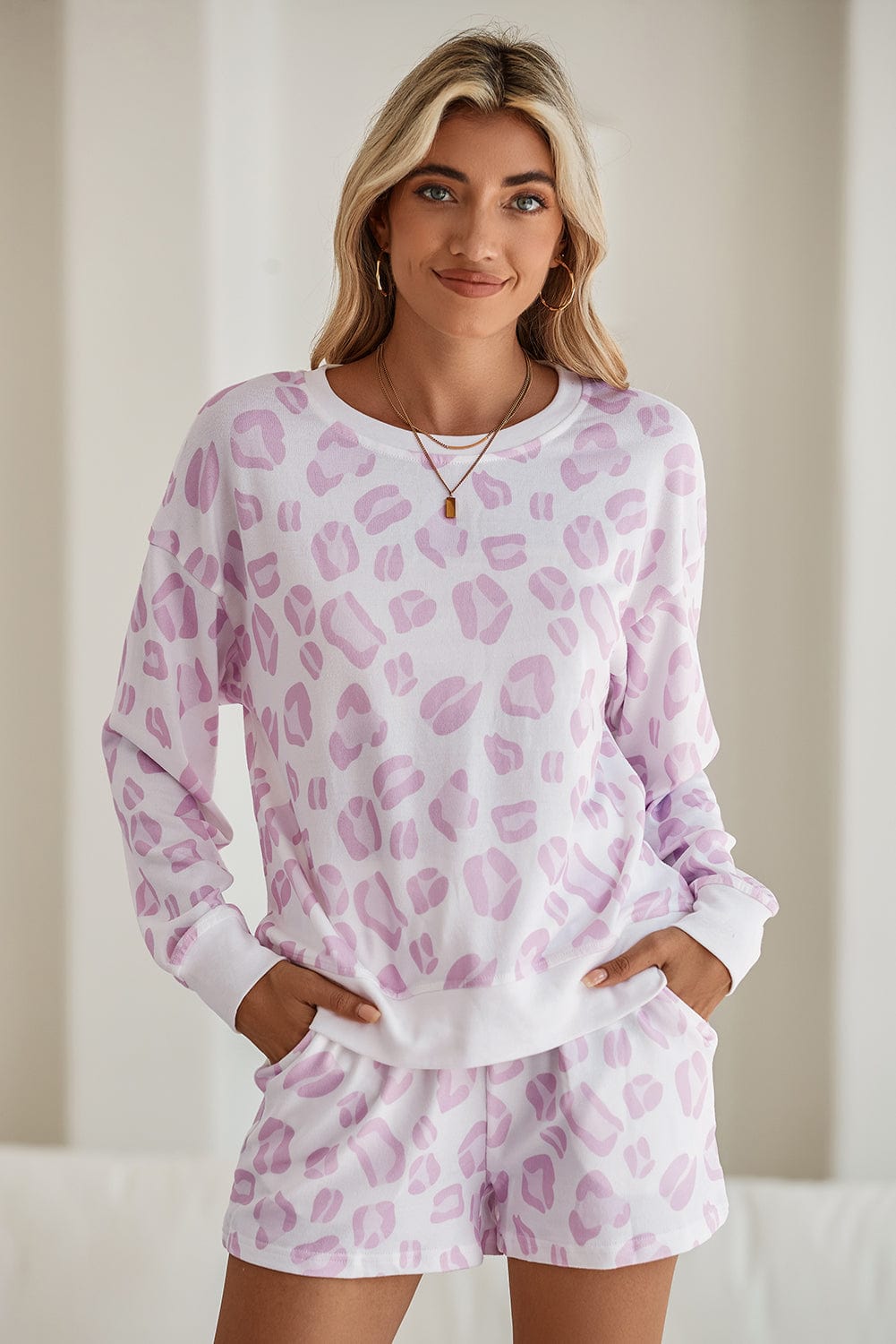 Pink Leopard Print Pullover and Shorts Pajama Set