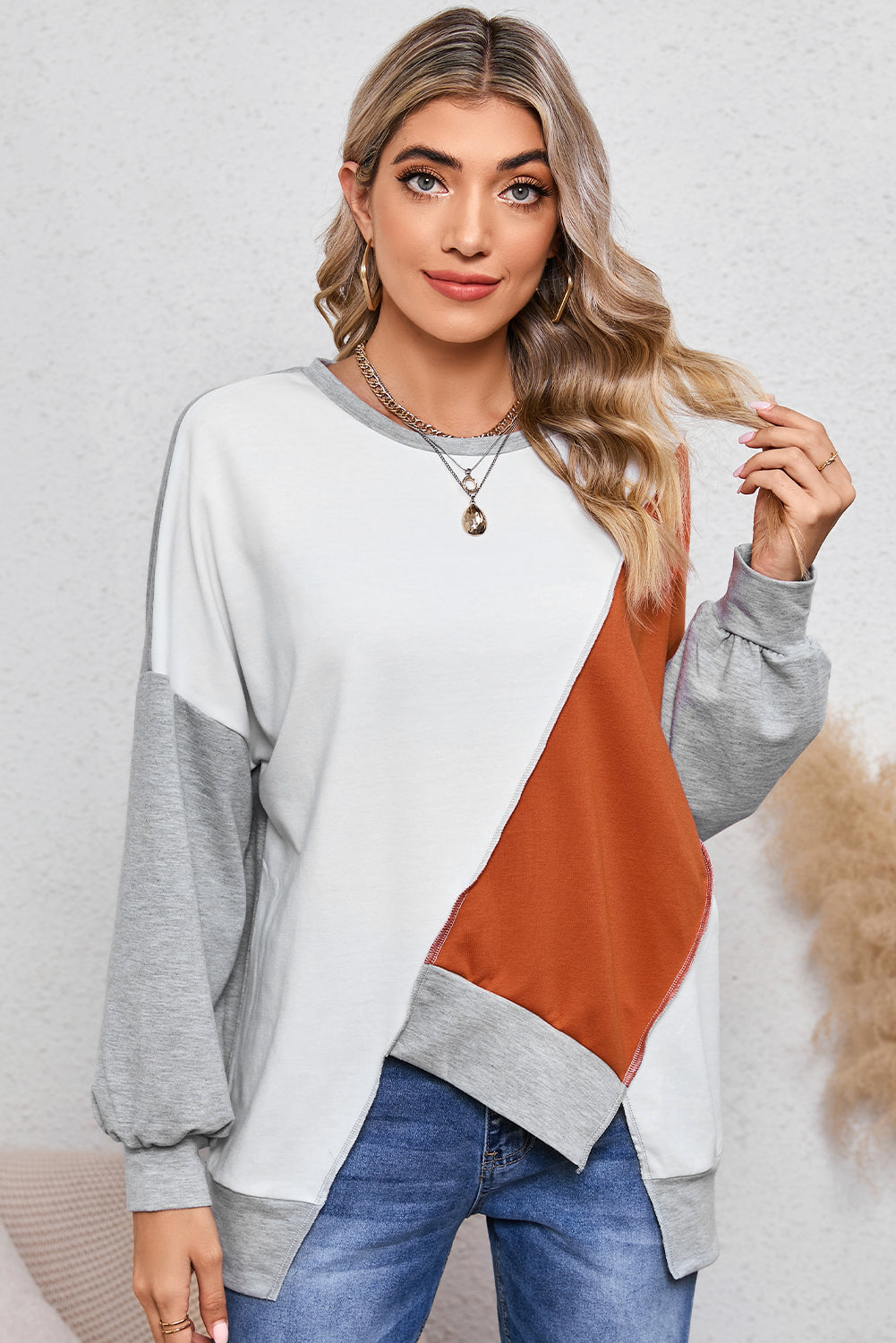 Khaki Colorblock Stitching Irregular Hem Long Sleeve Top