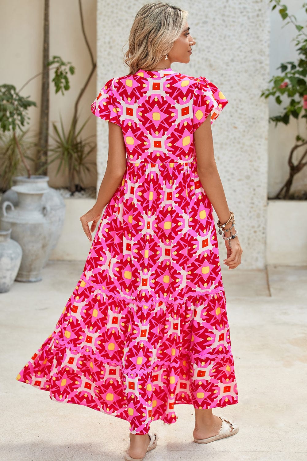 Strawberry Pink Abstract Print Pleated Flounce Sleeve Maxi Dress