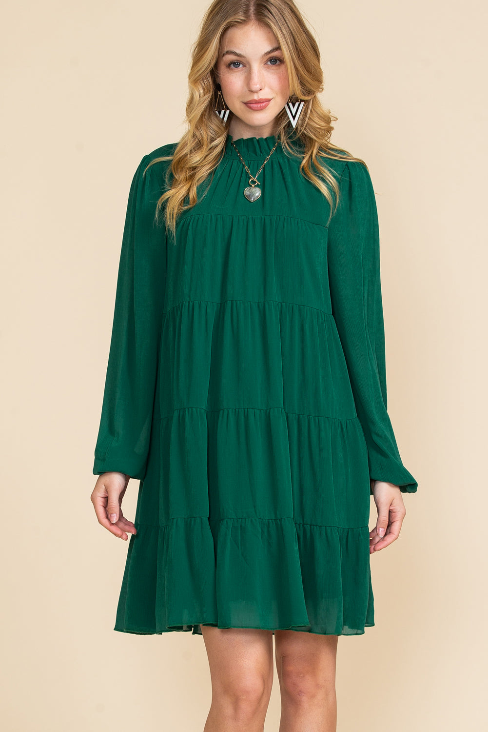 Green Mock Neck Solid Color Pleated Mini Dress